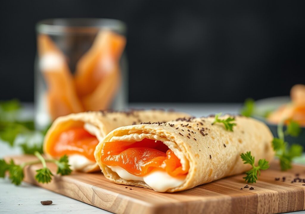 Broodrolletjes met roomkaas en zalm, AI-gegenereerde illustratie