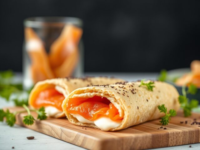 Broodrolletjes met roomkaas en zalm — AI-gegenereerde illustratie