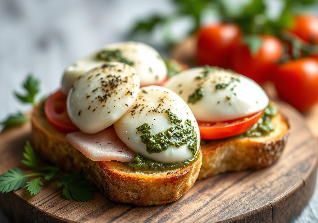 Broodtorentjes met kaas, ham, pesto en tomaat, AI-gegenereerde illustratie