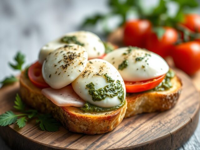 Broodtorentjes met kaas, ham, pesto en tomaat — AI-gegenereerde illustratie