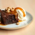 Brownies met ijs en karamelsaus