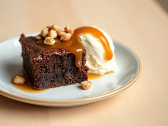 Brownies met ijs en karamelsaus
