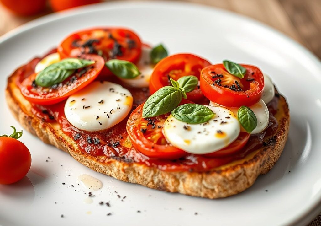 Bruchetta met tomaat, basilicum en mozzarella, AI-gegenereerde illustratie