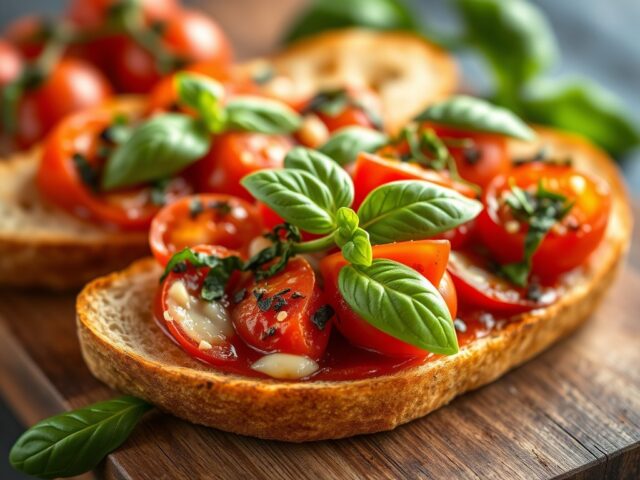 Bruchetta met tomaten en basilicum — AI-gegenereerde illustratie
