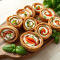 Bruine broodrolletjes met geitenkaas en paprika
