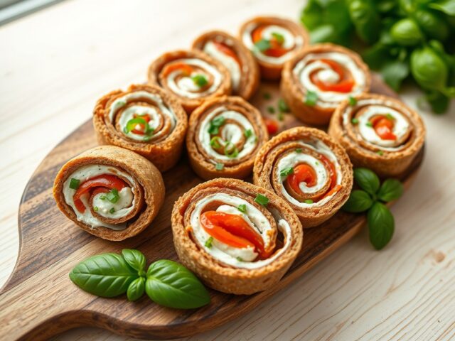 Bruine broodrolletjes met geitenkaas en paprika