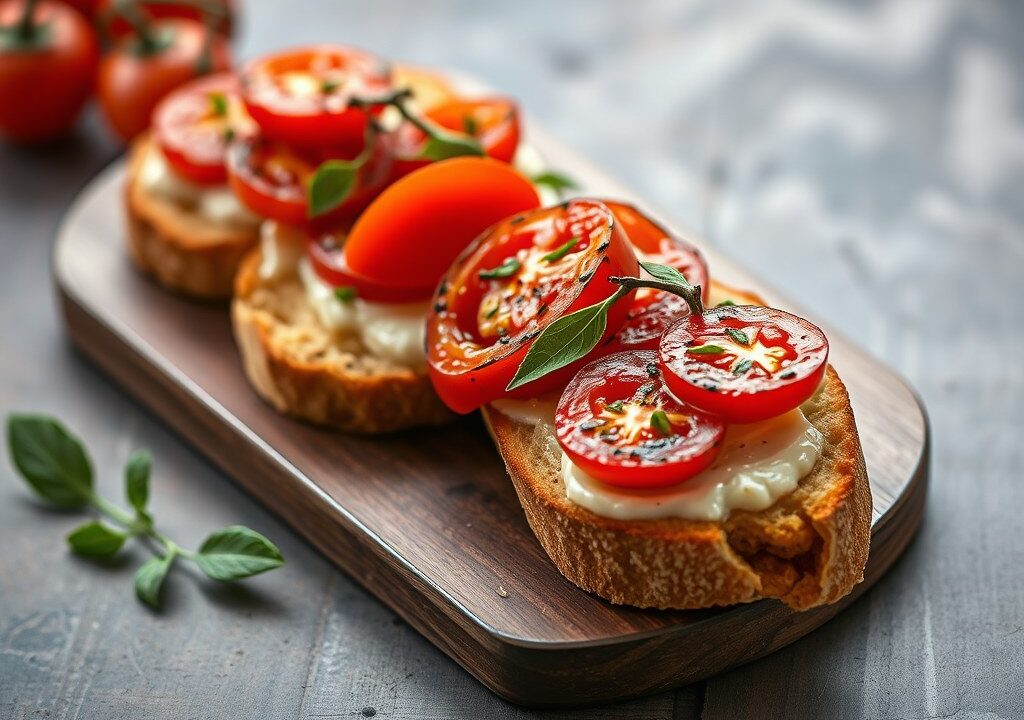 Bruschetta met gegrilde tomaat, AI-gegenereerde illustratie