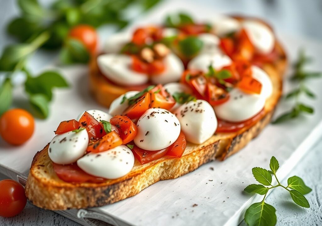 Bruschetta met mozzarella en ansjovis, AI-gegenereerde illustratie