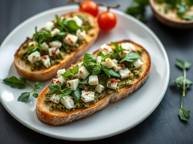 Bruschetta met rucola-pesto, peer en gorgonzola