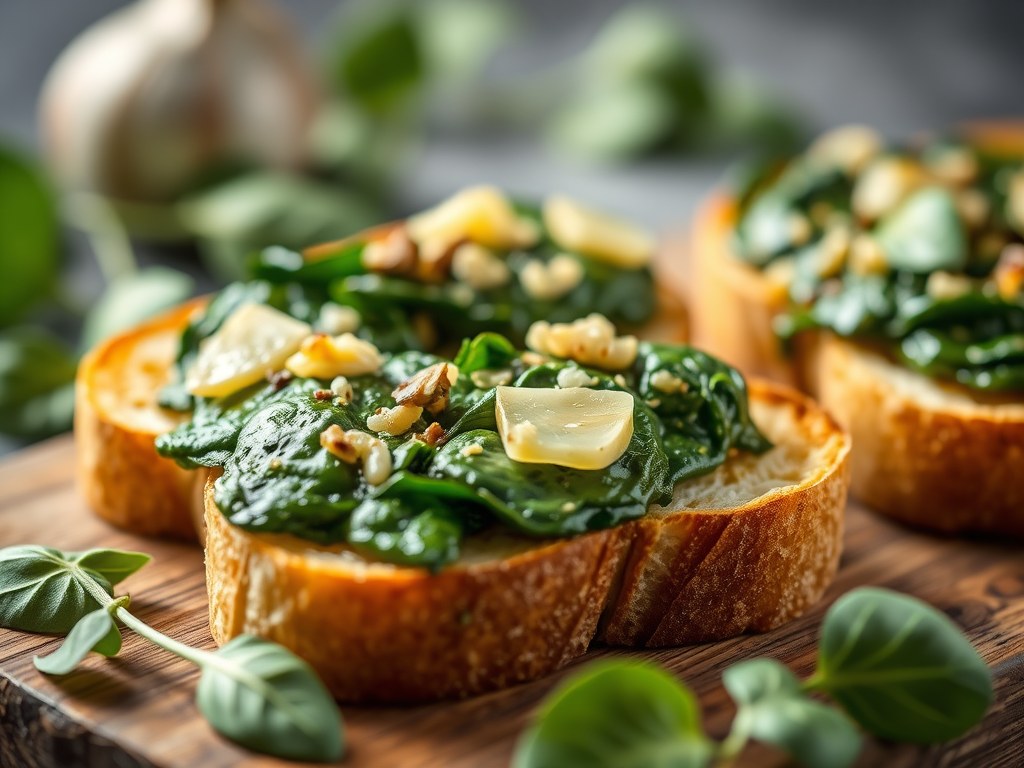 Bruschetta met spinazie, AI-gegenereerde illustratie