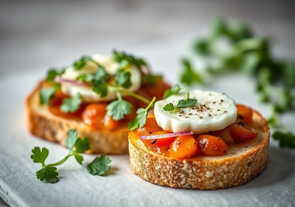 Bruschetta met tartaar, Boursin en rucola — AI-gegenereerde illustratie