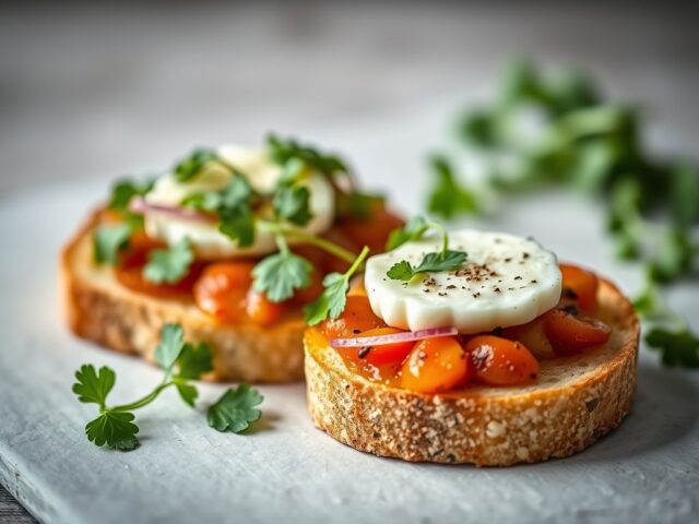 Bruschetta met tartaar, Boursin en rucola — AI-gegenereerde illustratie