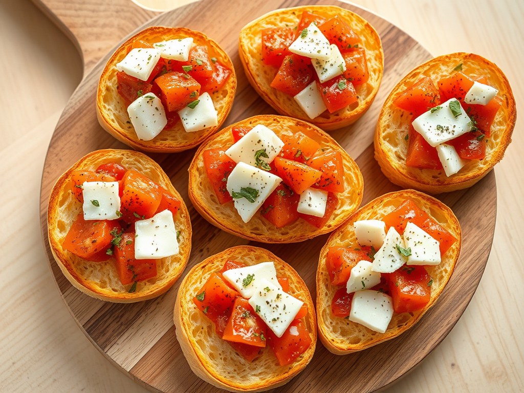 Bruschetta met tomaat en mozzarella, AI-gegenereerde illustratie
