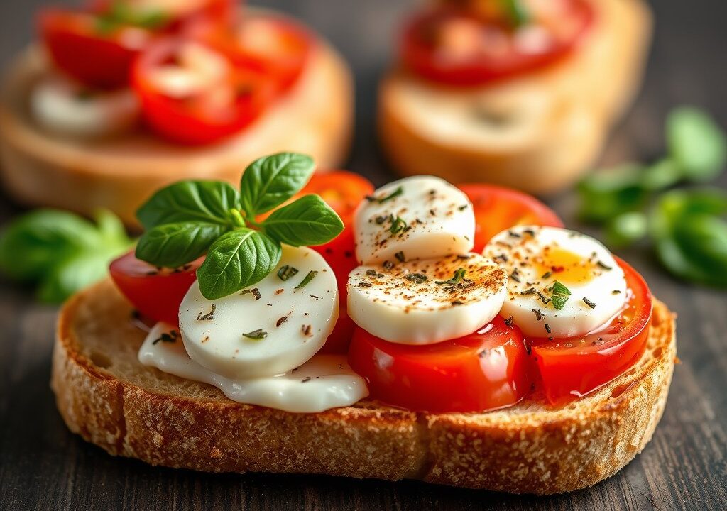 Bruschetta met tomaat en mozzarella, AI-gegenereerde illustratie