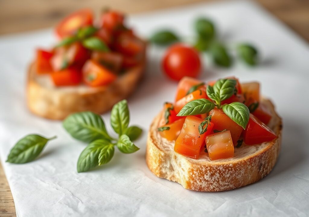 Bruschetta met toscaanse tomatensalade, AI-gegenereerde illustratie