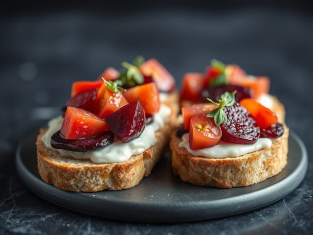 Bruschette met biet en tomaat — AI-gegenereerde illustratie