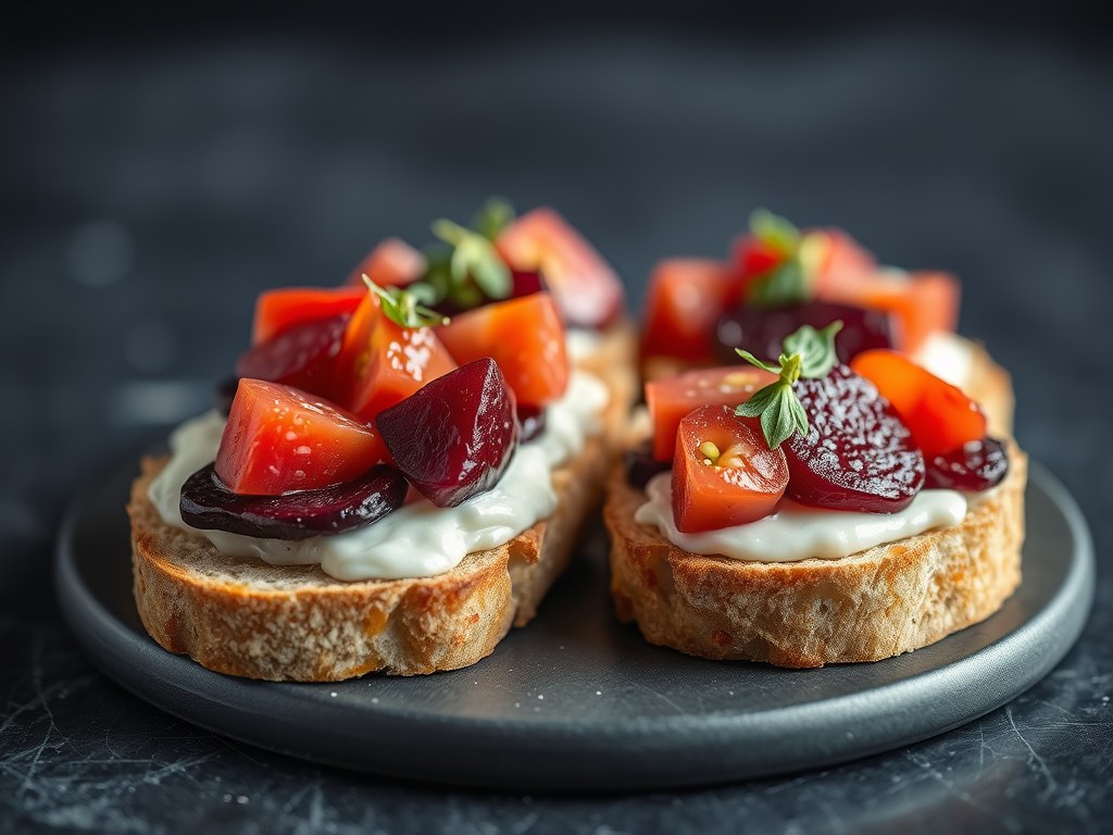 Bruschette met biet en tomaat, AI-gegenereerde illustratie