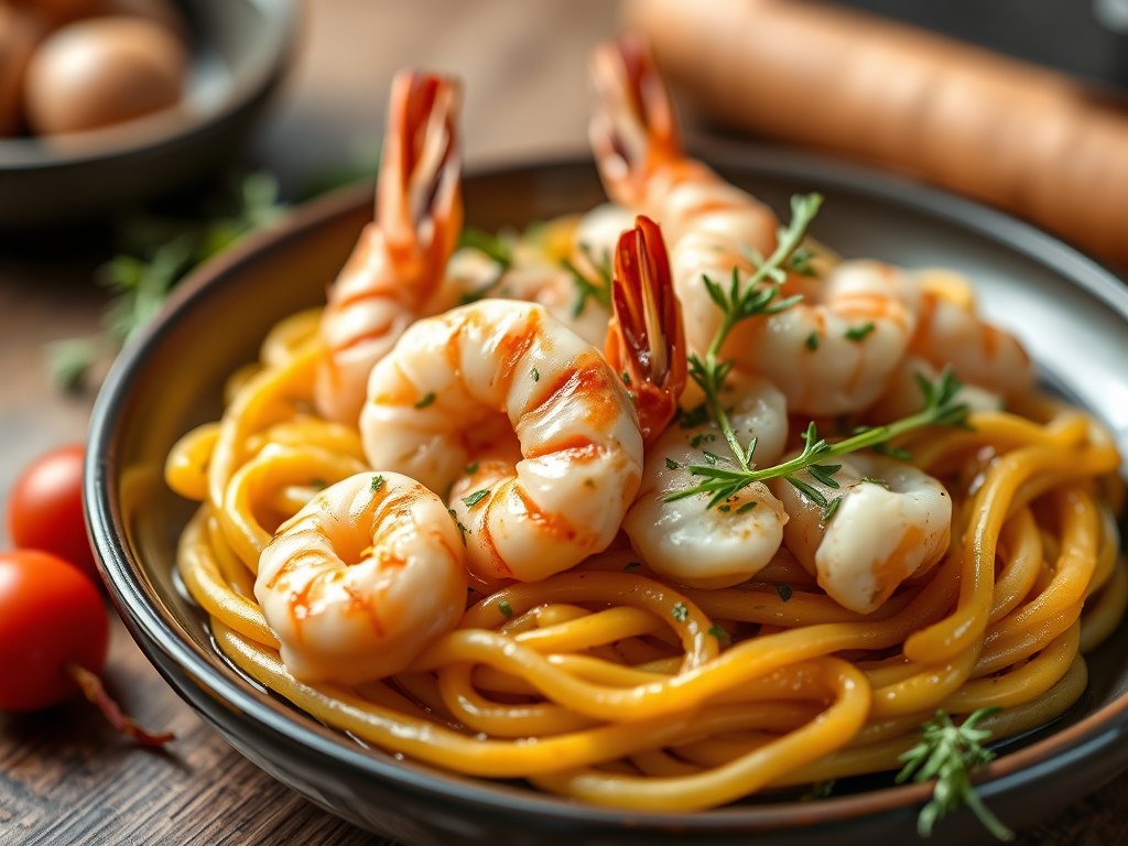 Buideltje met garnalen en coquilles Saint Jacques, AI-gegenereerde illustratie