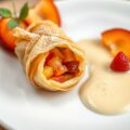 Buideltje van seizoenfruit met een coulis van vani