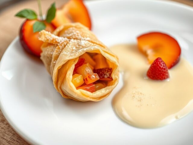 Buideltje van seizoenfruit met een coulis van vani