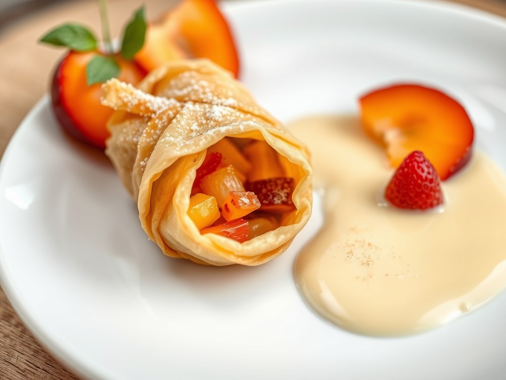 Buideltje van seizoenfruit met een coulis van vani, AI-gegenereerde illustratie