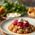 Buikspek met puree van fetakaas en rode biet
