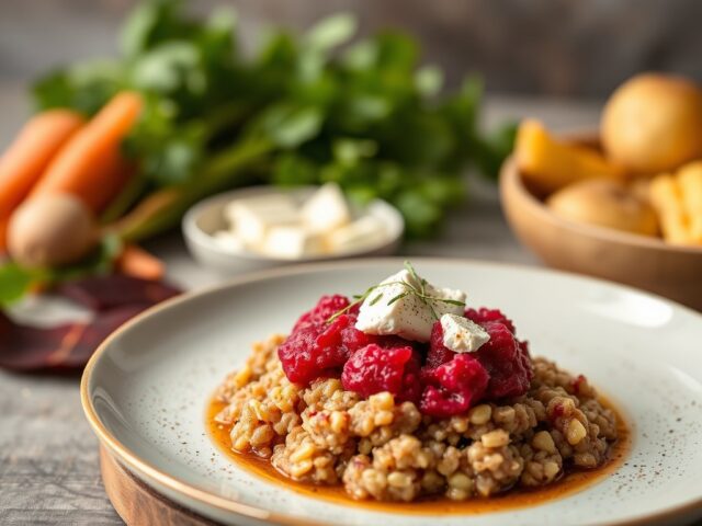 Buikspek met puree van fetakaas en rode biet