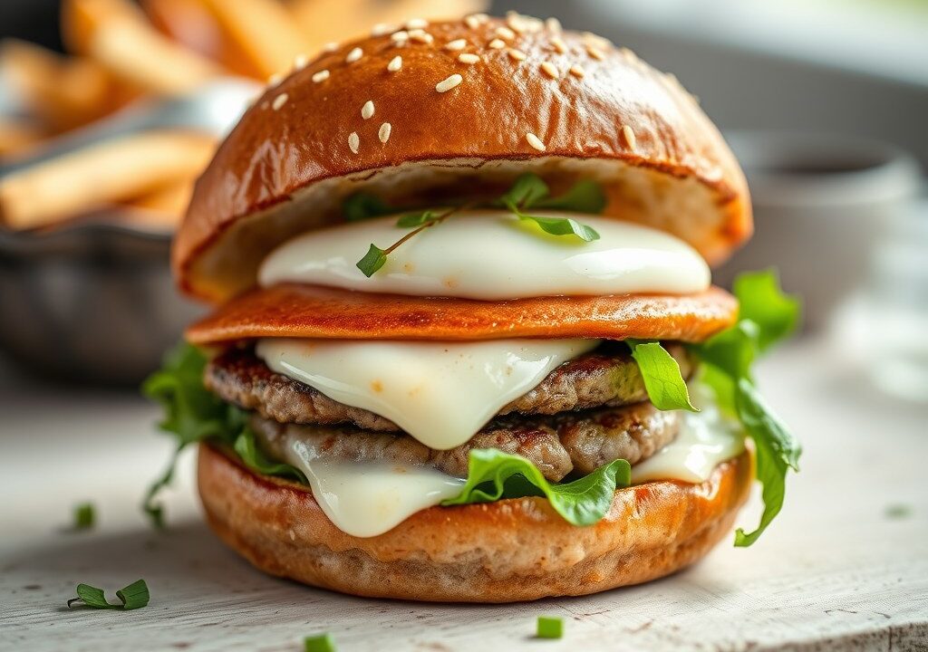 Burger van zeeduivel met mozzarella, AI-gegenereerde illustratie