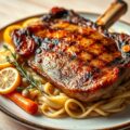 Côte à l‘os van varken met gekonfijte citroen en pasta