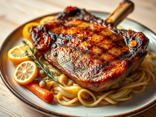Côte à l‘os van varken met gekonfijte citroen en pasta