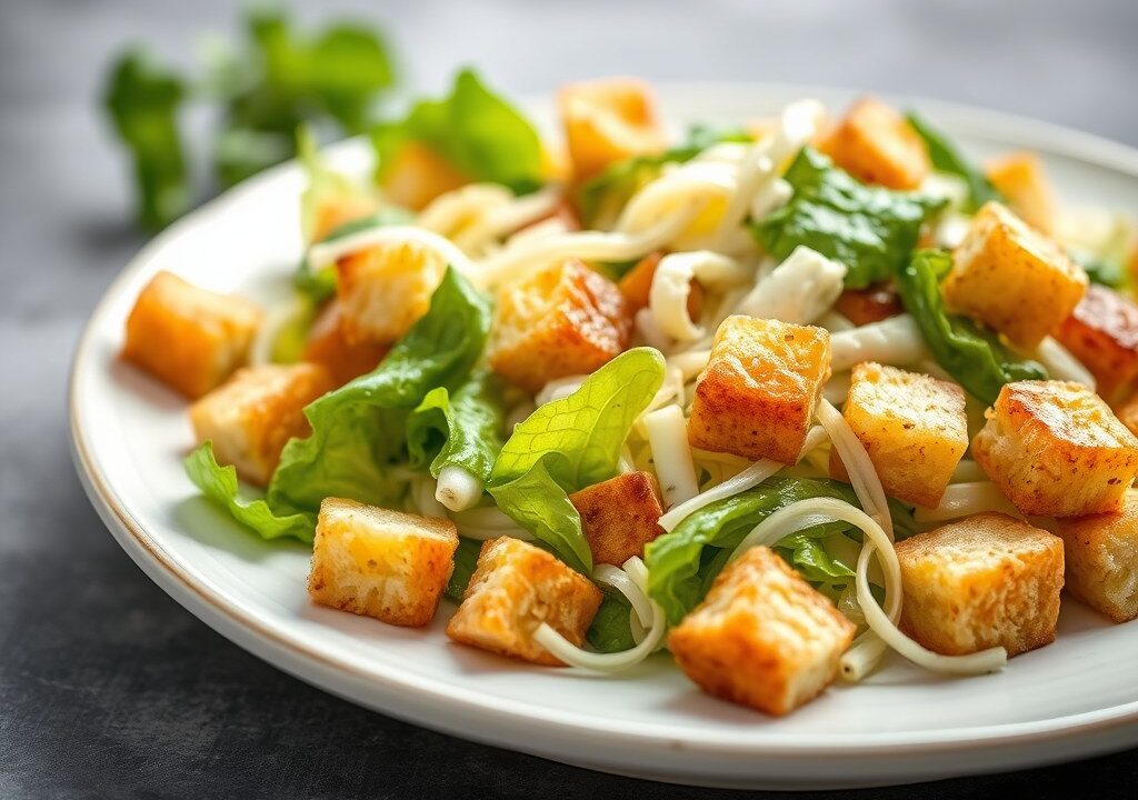 Caesar salade met croutons, AI-gegenereerde illustratie