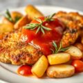 Cajunschnitzel met gebakken aardappelen en pomodor