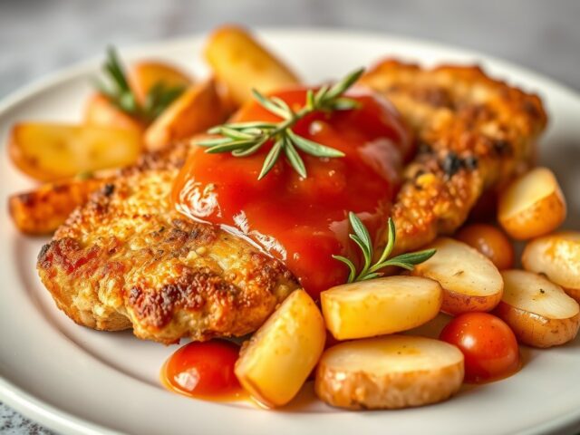 Cajunschnitzel met gebakken aardappelen en pomodor — AI-gegenereerde illustratie