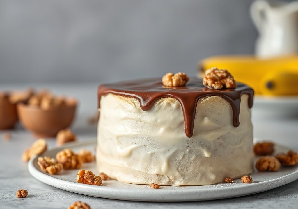 Cake met banaan, chocolade en walnoten, AI-gegenereerde illustratie