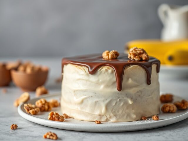 Cake met banaan, chocolade en walnoten — AI-gegenereerde illustratie