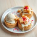 Cake rondjes met noga en witte chocoladesaus