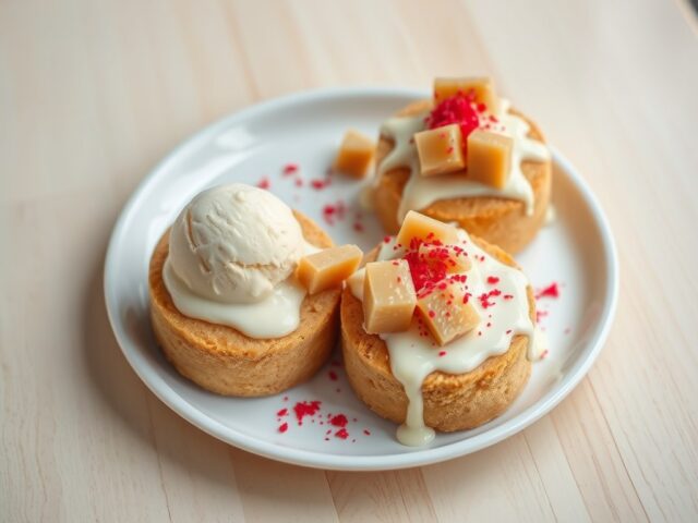 Cake rondjes met noga en witte chocoladesaus