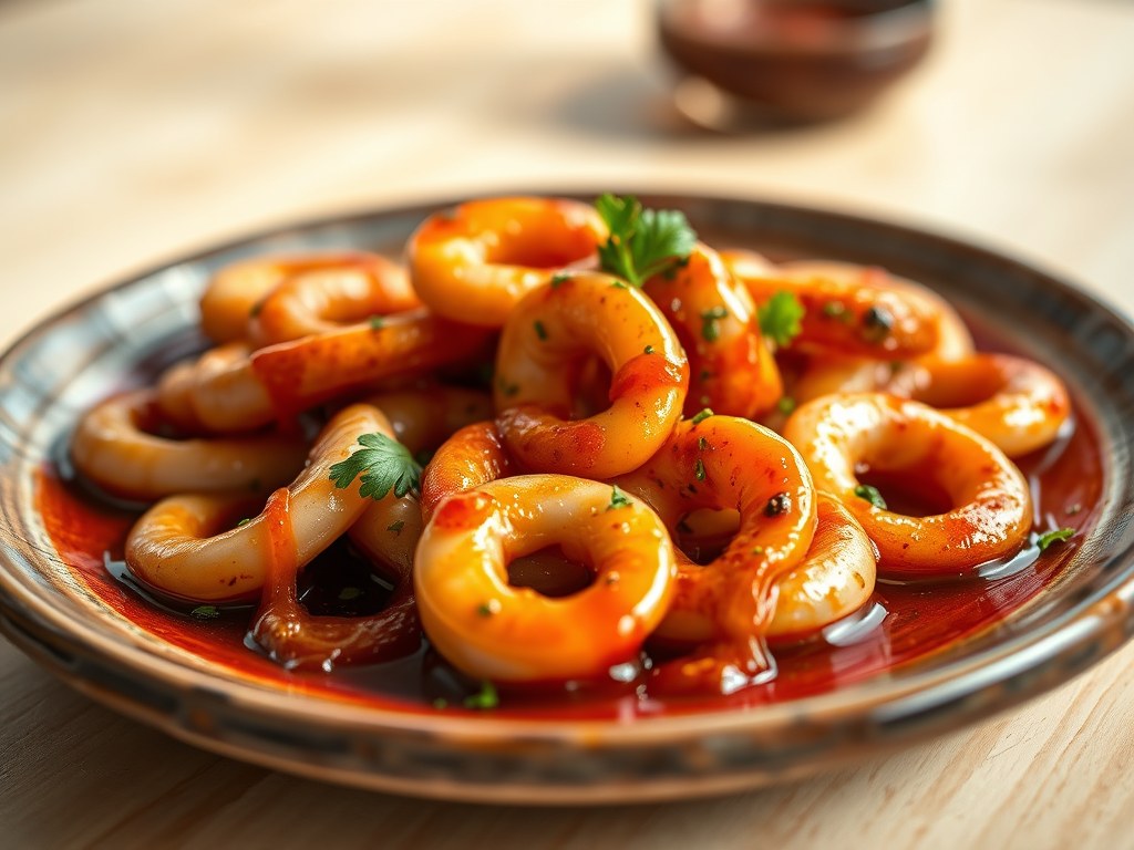 Calamares en adobo (gemarineerd), AI-gegenereerde illustratie