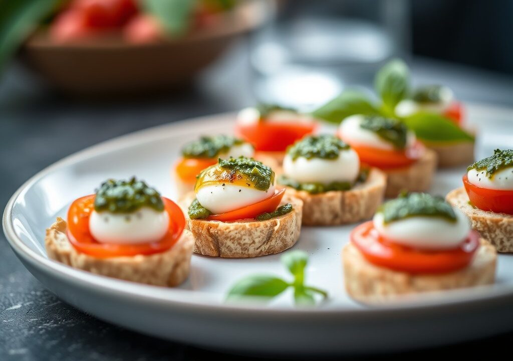 Canapés met mozzarella, tomaat en pesto — AI-gegenereerde illustratie