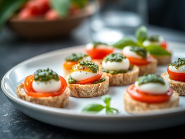 Canapés met mozzarella, tomaat en pesto