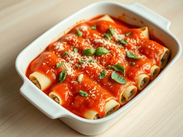 Cannelloni gevuld met ricotta, spinazie en pijnboompitten met tomatensaus