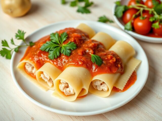 Cannelloni van forel met een sausje van kerstomaat en look