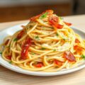 Capellini carbonara met spekreepjes, Parmezaanse kaas en ei