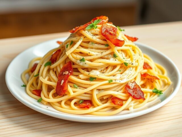 Capellini carbonara met spekreepjes, Parmezaanse kaas en ei