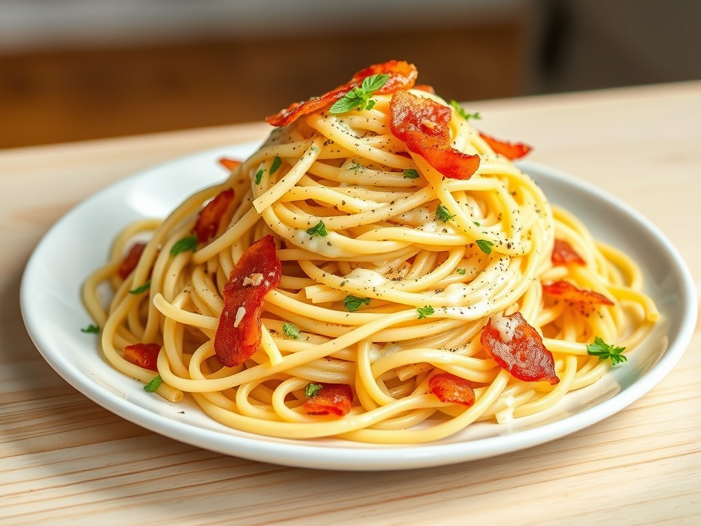 Capellini carbonara met spekreepjes, Parmezaanse kaas en ei, AI-gegenereerde illustratie