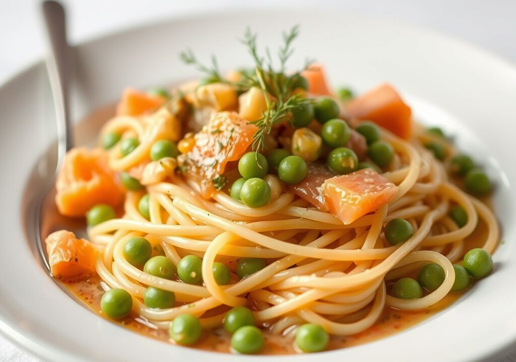 Capellini met gerookte zalm en saus van artisjok — AI-gegenereerde illustratie