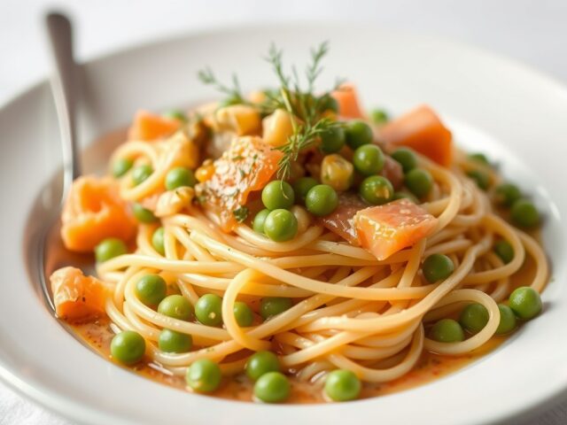 Capellini met gerookte zalm en saus van artisjok — AI-gegenereerde illustratie
