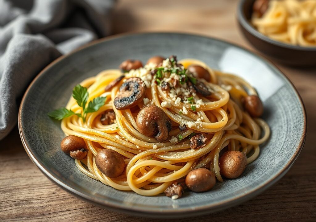 Capellini met seitan en zomergroenten, AI-gegenereerde illustratie