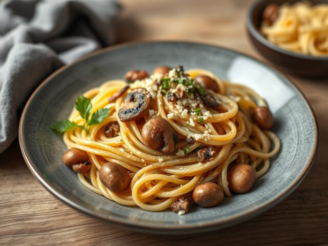 Capellini met seitan en zomergroenten — AI-gegenereerde illustratie