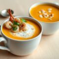 Cappuccino met grijze garnalen, amandelen en lichte kerrie